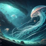 A vibrant, stylized underwater scene with Korean-inspired wave patterns and glowing coral, symbolizi...