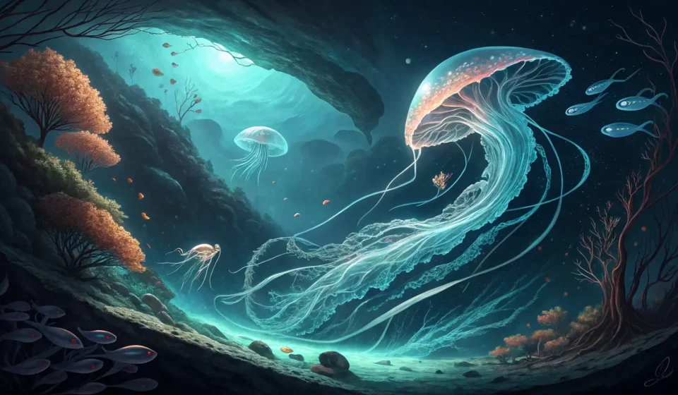 A vibrant, stylized underwater scene with Korean-inspired wave patterns and glowing coral, symbolizi...