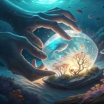 Ethereal hands shape glowing sea glass underwater amidst bioluminescent light and Korean wave patter...