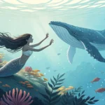A mermaid and a humpback whale interacting peacefully underwater near a coral reef, illustrating a K...