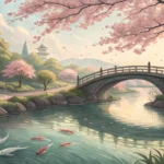 A tranquil Korean scene showing a river flowing under a traditional bridge, with stylized fish visib...