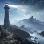 Stylized illustration of a lighthouse beam piercing thick night fog over a dark sea, representing gu...