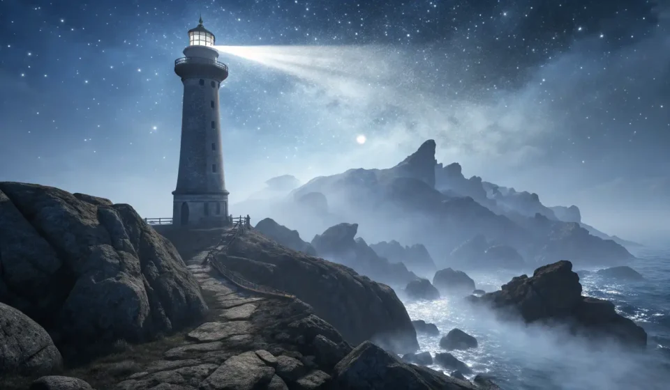 Stylized illustration of a lighthouse beam piercing thick night fog over a dark sea, representing gu...