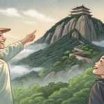 A tourist asking a guide about a scenic Korean mountain, representing learning Korean phrases for di...