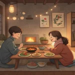 Illustration of a young couple eating Korean dinner at home while looking at a laptop, planning a mo...