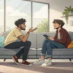 Two friends chatting enthusiastically on a couch, with an abstract movie scene on a screen behind th...