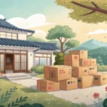 Illustration of cardboard moving boxes and a small truck outside a Korean apartment building, symbol...