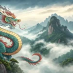 A traditional Korean ink wash style painting depicting a mythical Korean dragon flying through cloud...