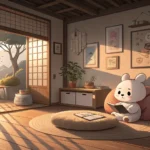 Cozy Korean room corner with soft afternoon light, suggesting nap time; a cute plush toy rests peace...