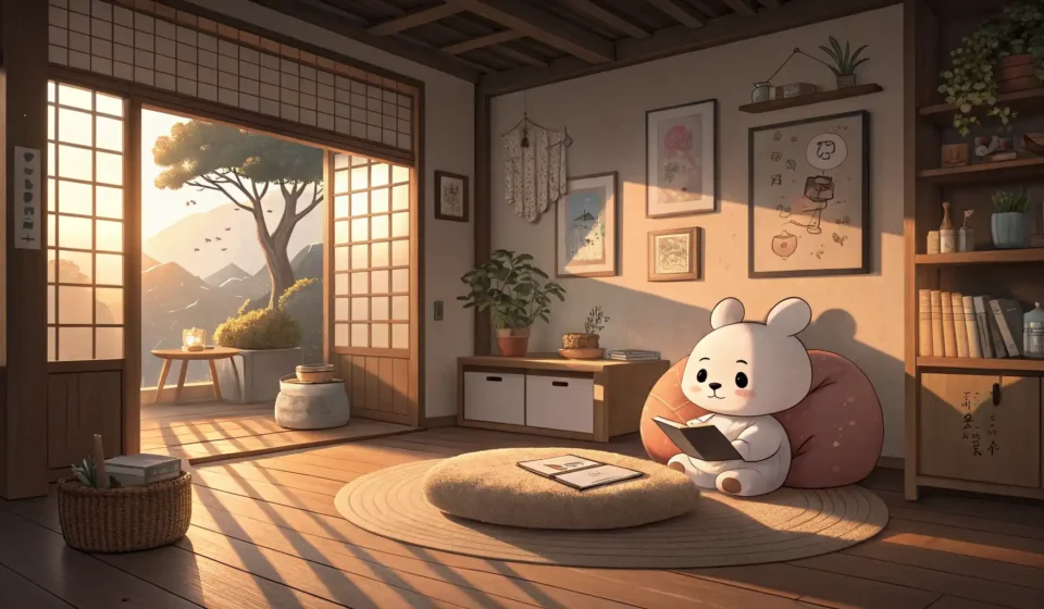 Cozy Korean room corner with soft afternoon light, suggesting nap time; a cute plush toy rests peace...