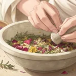 Hands mixing natural ingredients like flower petals in a ceramic bowl, with small glass bottles near...