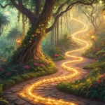 Stylized image of a glowing vine path in a mystical jungle, blending nature and subtle technology, r...