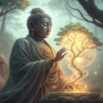 Stylized Korean mountain spirit guarding a glowing vine path in a mystical forest, with subtle hints...