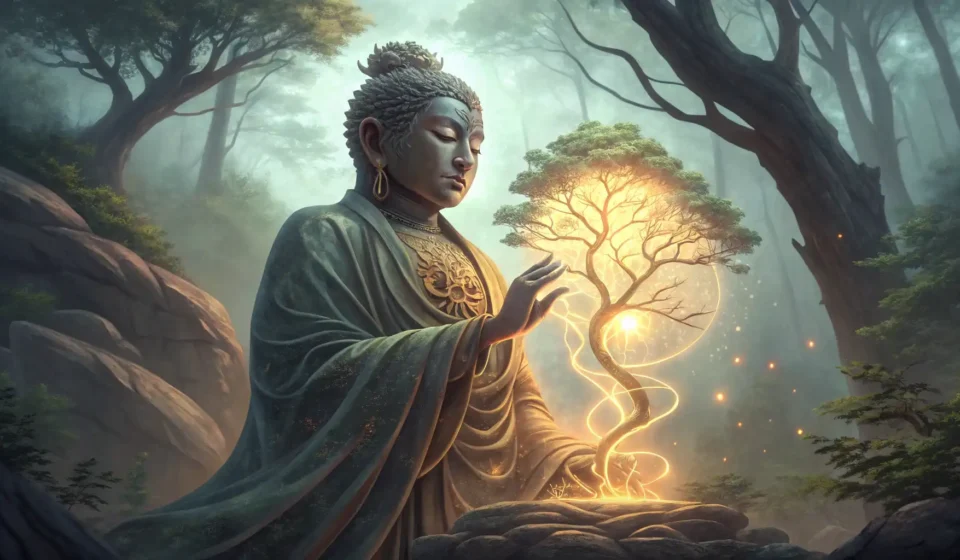 Stylized Korean mountain spirit guarding a glowing vine path in a mystical forest, with subtle hints...