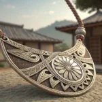 Hands interacting near a beautiful handmade Korean necklace with a traditional knot design, symboliz...