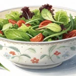A Korean bowl filled with fresh salad greens without dressing, alongside metal chopsticks, symbolizi...