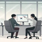 Two colleagues in a quiet Korean office discussing a network issue shown via an error icon on a lapt...