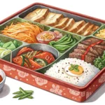 A close-up top view of a delicious and colorful Korean dosirak packed lunch box, illustrating the to...