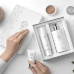 Hands arranging stylish Korean product packaging mock-ups, symbolizing the concept of packaging desi...