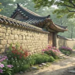 Illustration of a traditional Korean stone wall, symbolizing a boundary, with a child's toy nearby,...