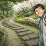 A Korean guide points out an old walking path in a beautiful Korean park to a tourist, symbolizing a...