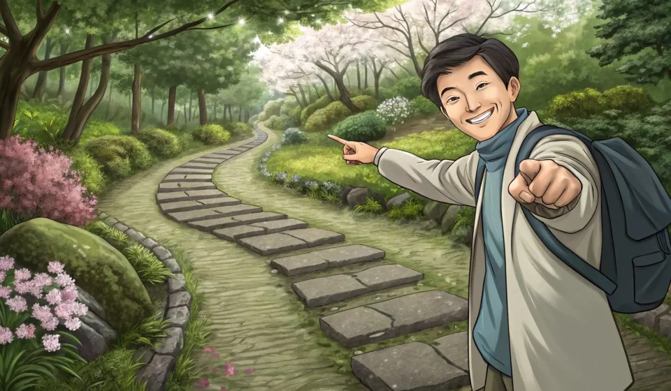 A Korean guide points out an old walking path in a beautiful Korean park to a tourist, symbolizing a...