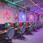 Vibrant illustration depicting the inside of a modern Korean PC Bang (internet cafe), showing rows o...