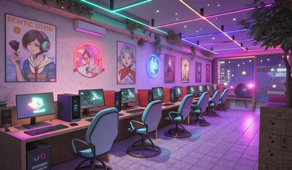 Vibrant illustration depicting the inside of a modern Korean PC Bang (internet cafe), showing rows o...