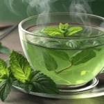 A glass cup of hot peppermint tea with fresh mint leaves sits on a table in a modern Korean cafe, il...