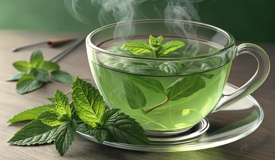 A glass cup of hot peppermint tea with fresh mint leaves sits on a table in a modern Korean cafe, il...