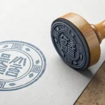 A traditional Korean dojang stamp pressing onto an official document, symbolizing the process of get...