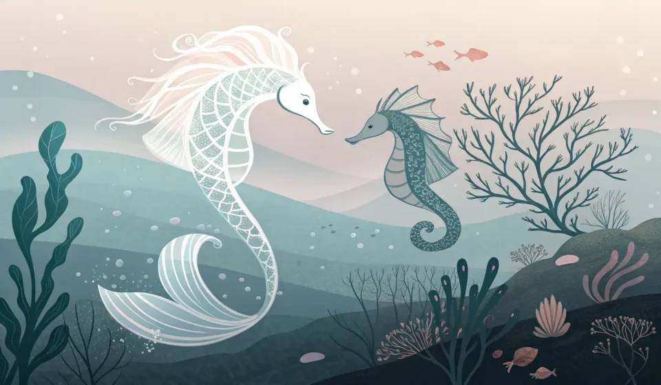 Abstract underwater illustration for a Korean learning lesson on persuasion, showing two symbolic fo...