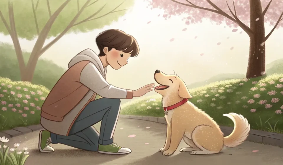 Illustration of a young Korean person showing affection to a happy rescue dog, symbolizing learning...