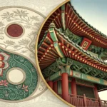 A yin-yang symbol split between traditional Korean patterns and modern blue circuit board designs, s...