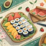 A colorful Korean picnic spread featuring kimbap and fruit on a mat beside a calm lake, illustrating...