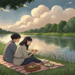 A Korean couple enjoys a picnic lunch with gimbap by a river, planning a fishing trip with fishing r...