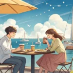 Illustration of a Korean couple having lunch by a harbor with sailboats, planning a sailing trip, sy...