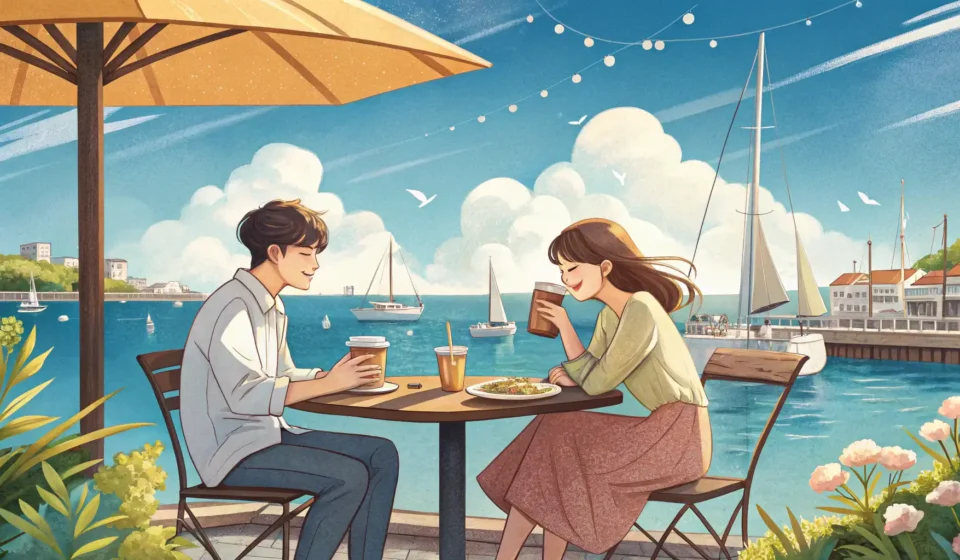Illustration of a Korean couple having lunch by a harbor with sailboats, planning a sailing trip, sy...