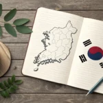Overhead view of travel planning items for a trip to Korea, including a map of South Korea, notebook...