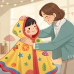 A Korean parent offers a poncho to a hesitant child during a rainy hike on a Korean mountain trail.