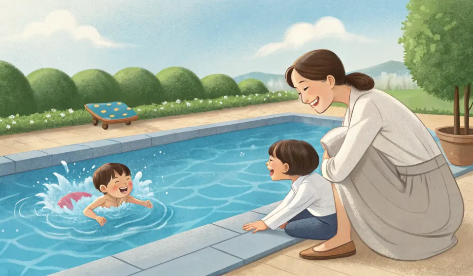 A Korean mother gently encourages her hesitant young child to wear swimming goggles beside a bright...