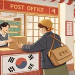 Illustration showing a person mailing a package at a Korean post office counter, representing the pr...
