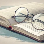 Illustration showing reading glasses on a book with blurred Korean text, representing the concept of...