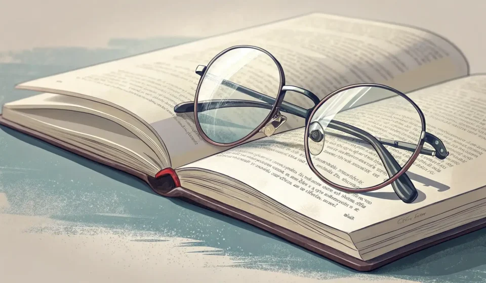 Illustration showing reading glasses on a book with blurred Korean text, representing the concept of...