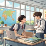 Two Korean students in a classroom, one asking the other for advice on a presentation displayed on a...