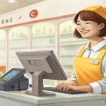 Friendly Korean cashier at a checkout counter, with a shopper's hand holding a phone, symbolizing a...
