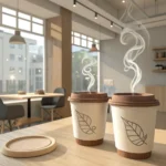 Two coffee cups on a table in a modern Korean cafe, symbolizing a discussion about project changes b...