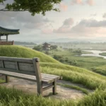 An empty wooden bench facing a calm Korean beach with gentle waves, representing finding a quiet pla...