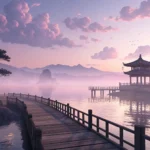 A tranquil Korean pier at dawn with a fishing rod set up, illustrating the topic of asking for quiet...
