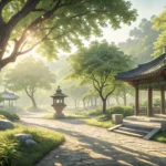 Illustration of a tranquil Korean park with trees, a stone path, and a bench, symbolizing finding a...